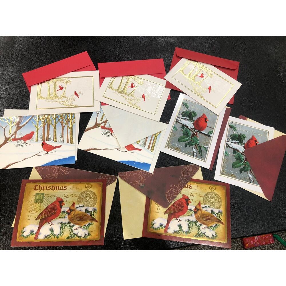 9 VTG Foil Embossed Cardinals Christmas greeting Card W/envelopes Some Match R2